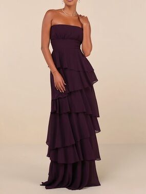 NWT Lulus  Essence Dark Purple Plum Strapless Tiered Maxi Dress Ruffle